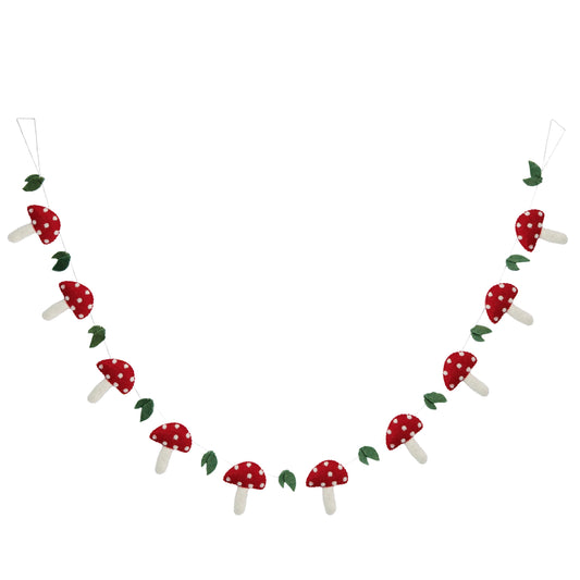Felt garland of red mushrooms with white spots.