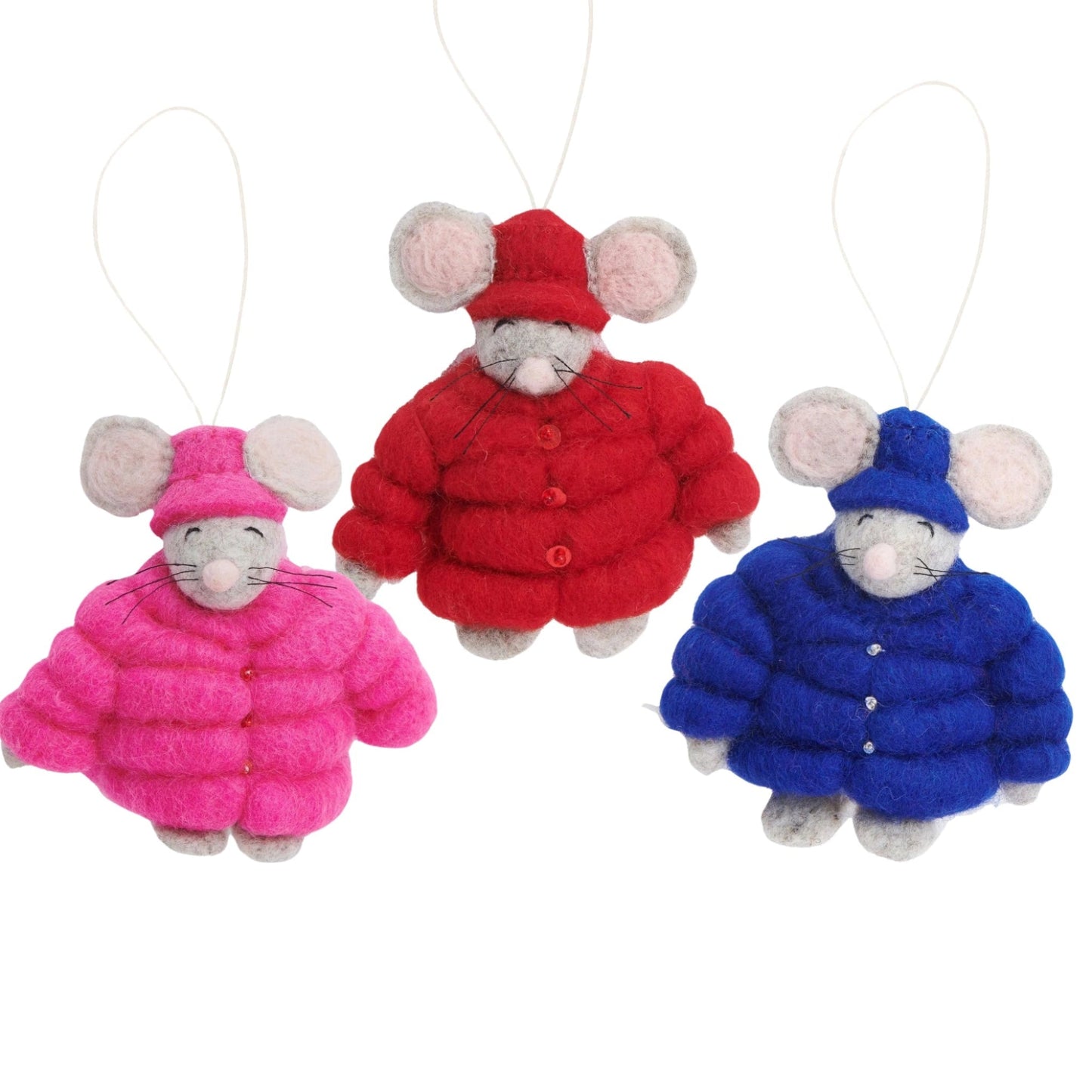 Felt ornaments of mice in puffer jackets with matching hats in pink, red, and blue options.