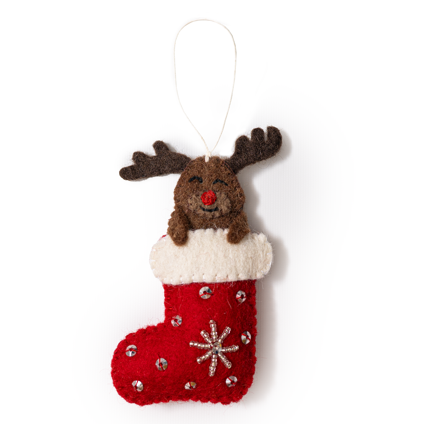 Felt ornament of a reindeer sticking out of a red and white Christmas stocking.