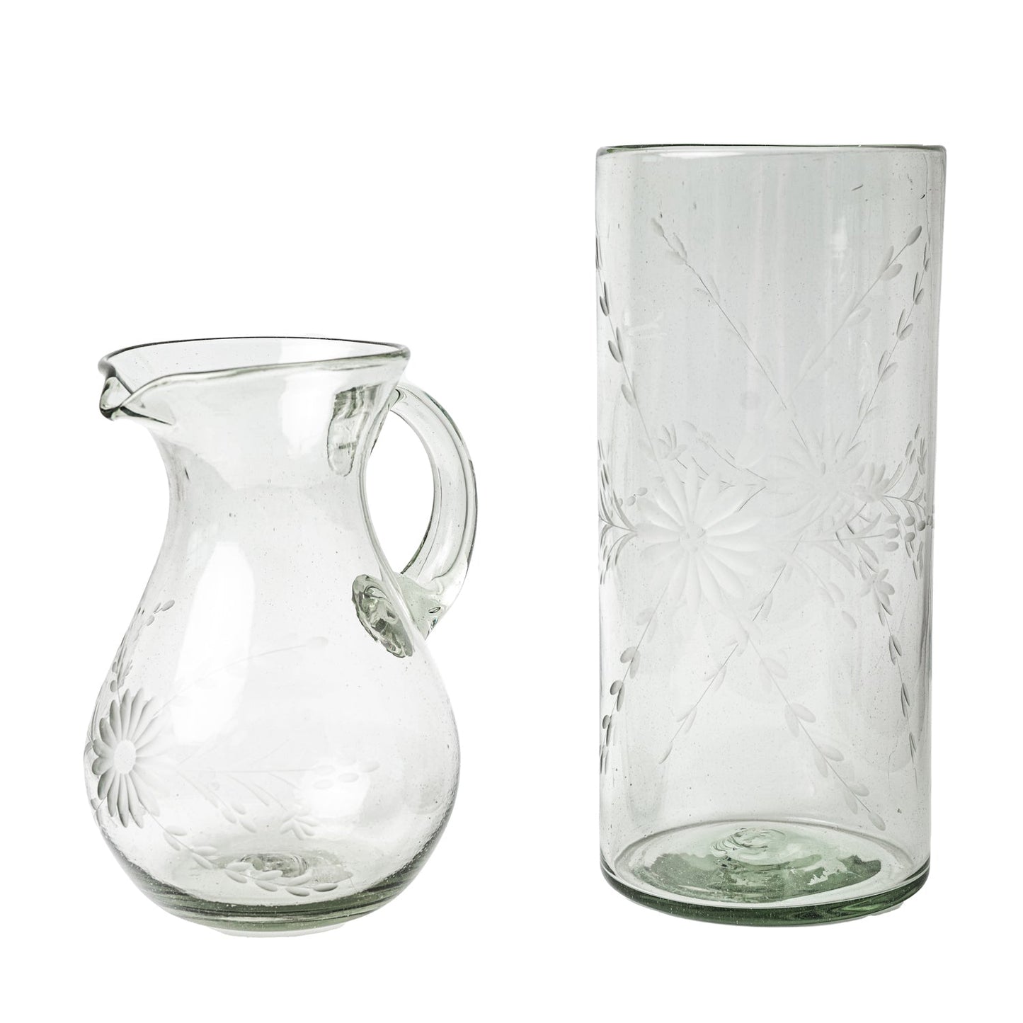 Etched clear glass vase and pitcher.