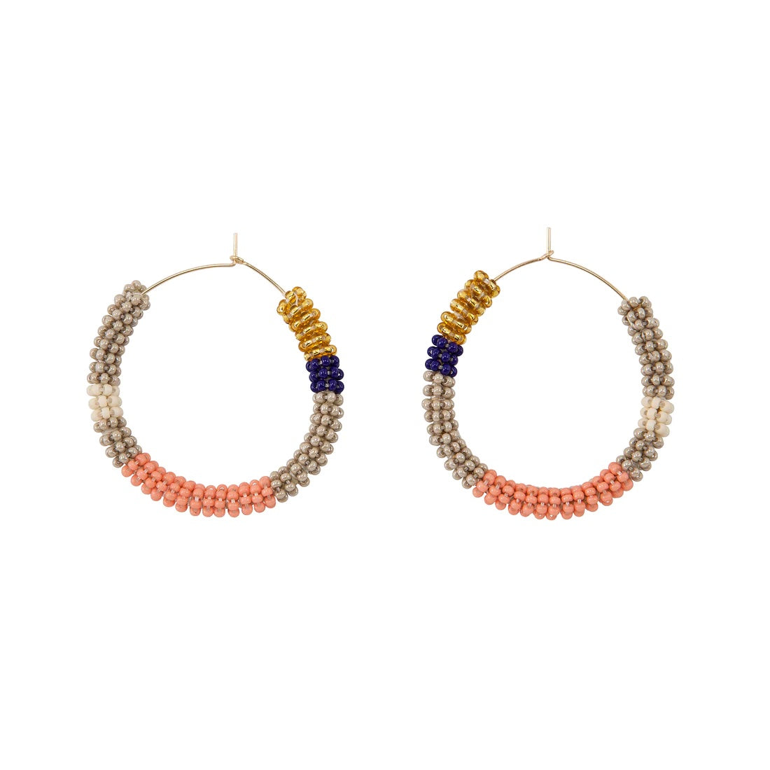 Gold hoop beaded earrings wrapped with glass beads in dusty pink, navy blue, cool taupe and gold colors.