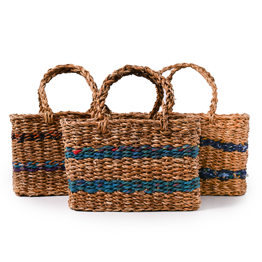 Three woven brown baskets, each with two stripes of either blue, green, or brown.
