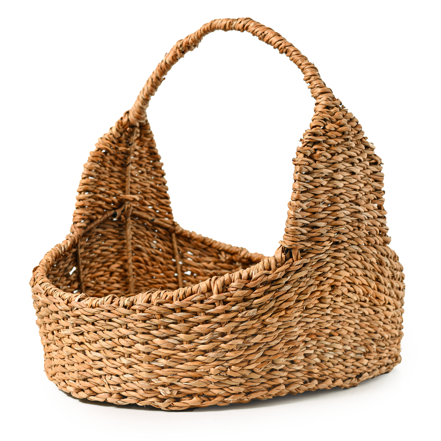 Brown woven magazine basket with handle.