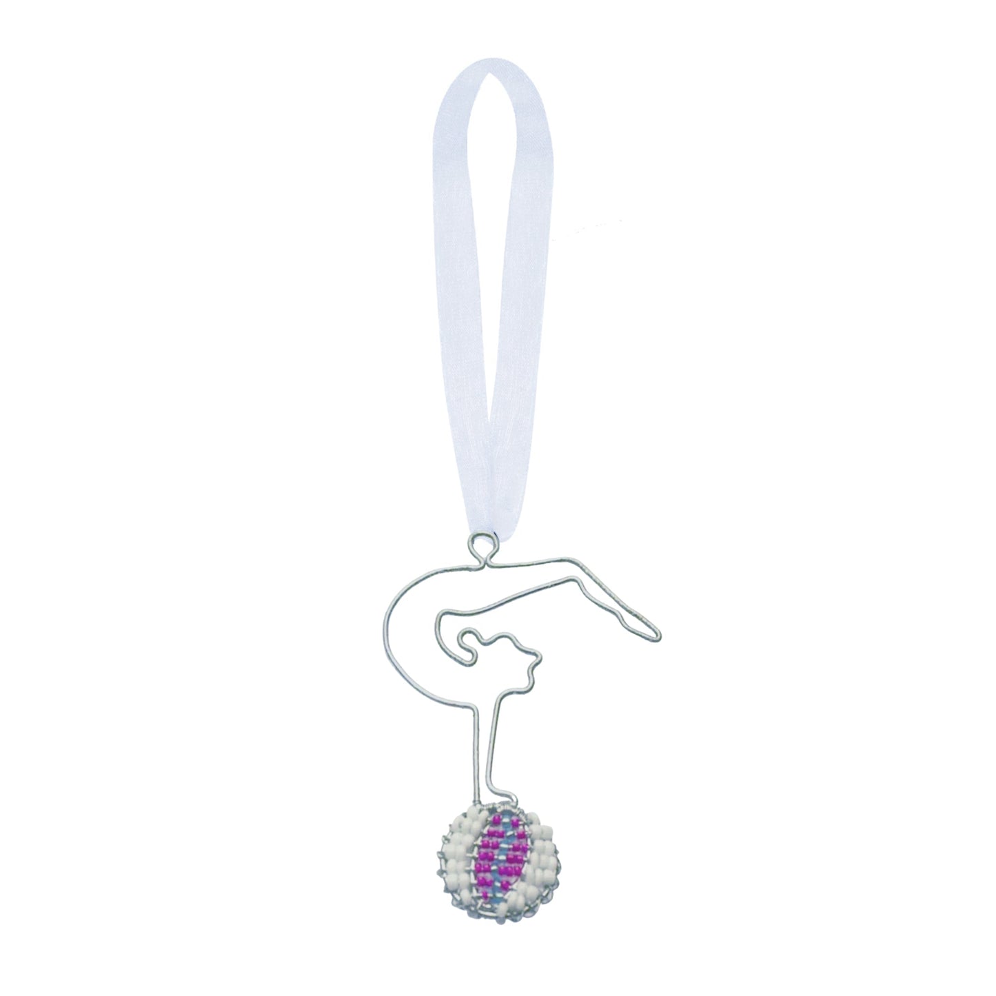 Wire and bead ornament of a circus woman gymnast doing a handstand backbend on a purple and whiteball.