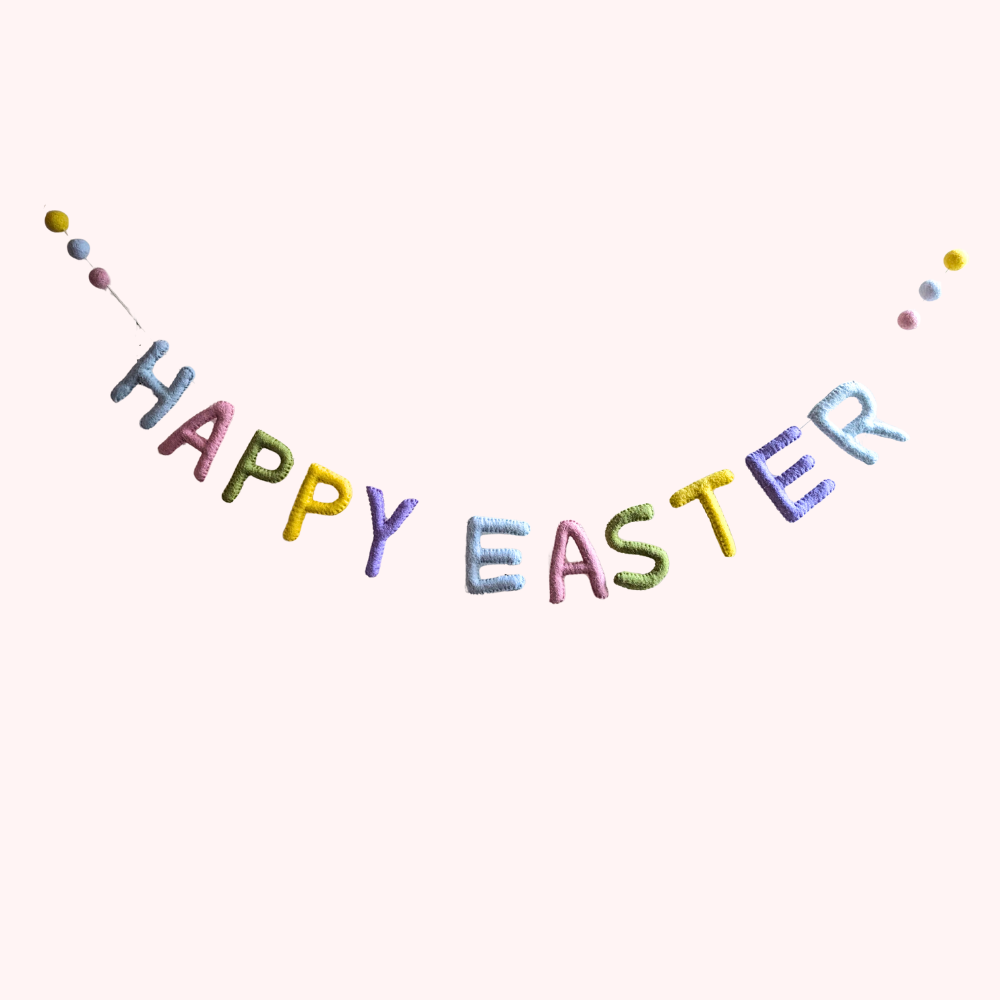Handmaid felt garland that reads Happy Easter with easter eggs on the end | Global Goods Partners