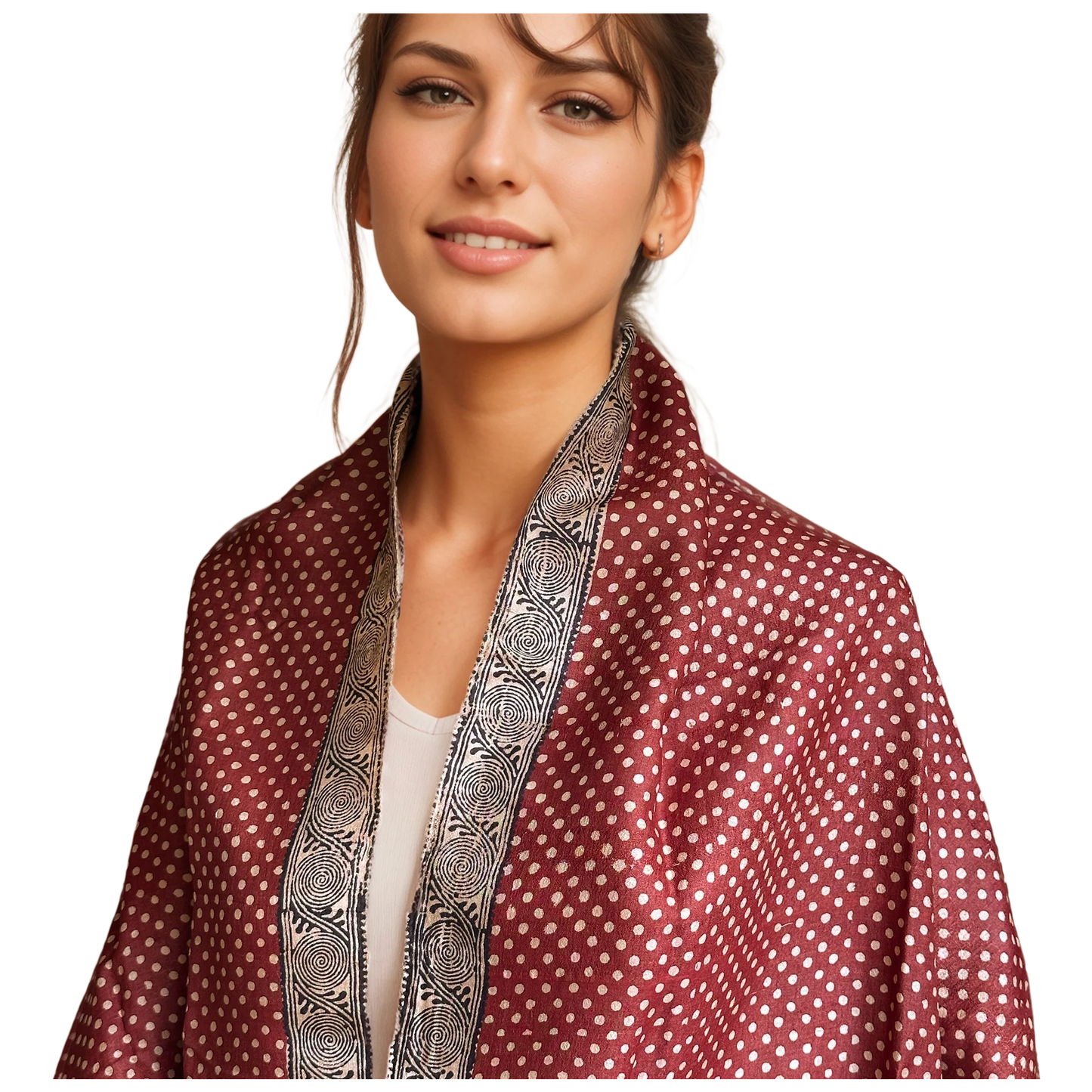 Front view of woman in natural polka dot with red background stole with black accents.