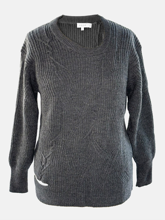 Front view of grey crewneck sweater with asymmetric ribbed design.