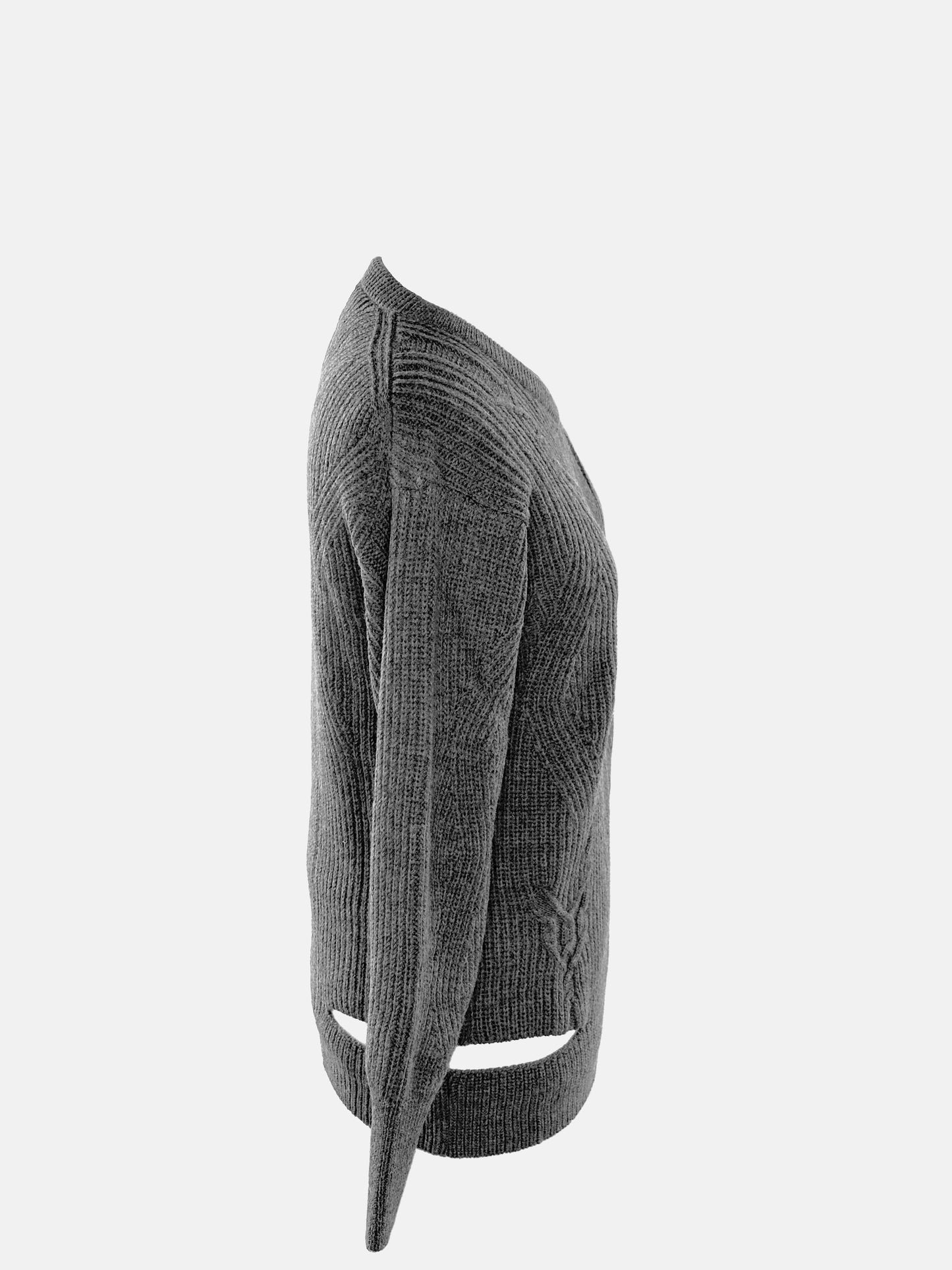 Side view of Grey asymmetric crewneck sweater.