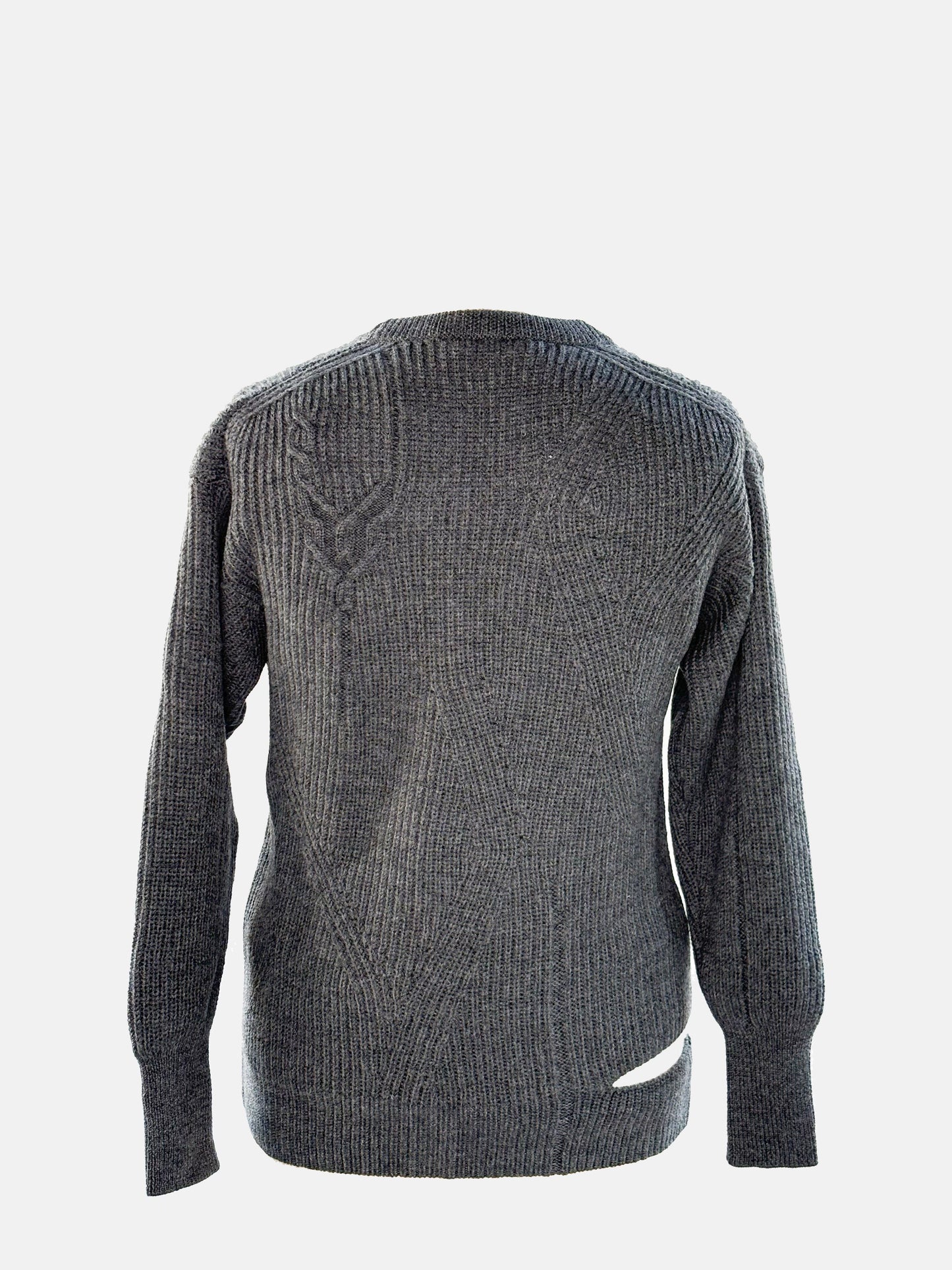 Back view of Grey asymmetric crewneck sweater.