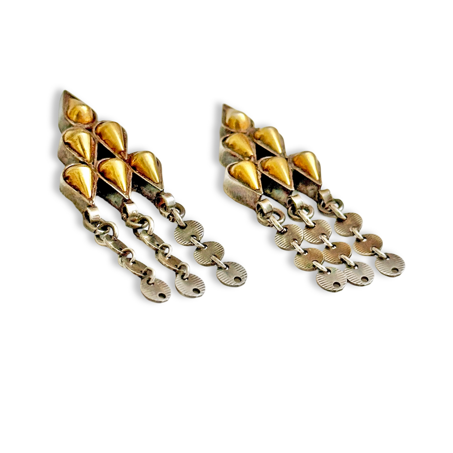 Pair of gold foil post earrings with tribal design.