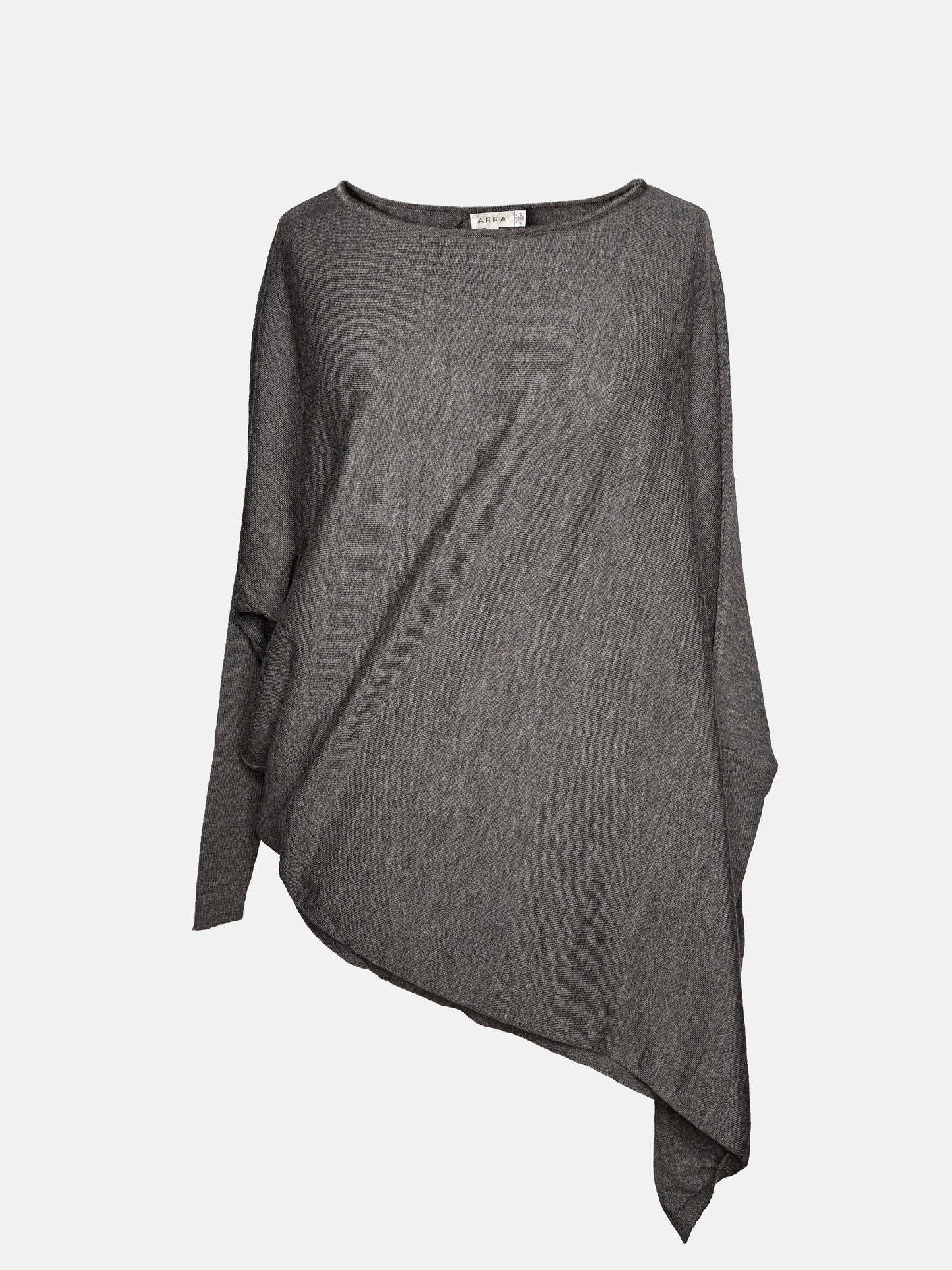 Front view of grey drapey boatneck sweater.