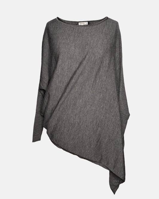 Front view of grey drapey boatneck sweater.
