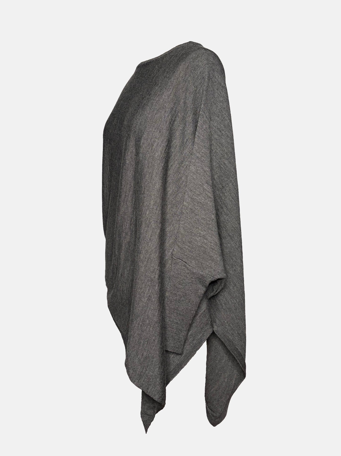 Side view of grey drapey boatneck sweater.