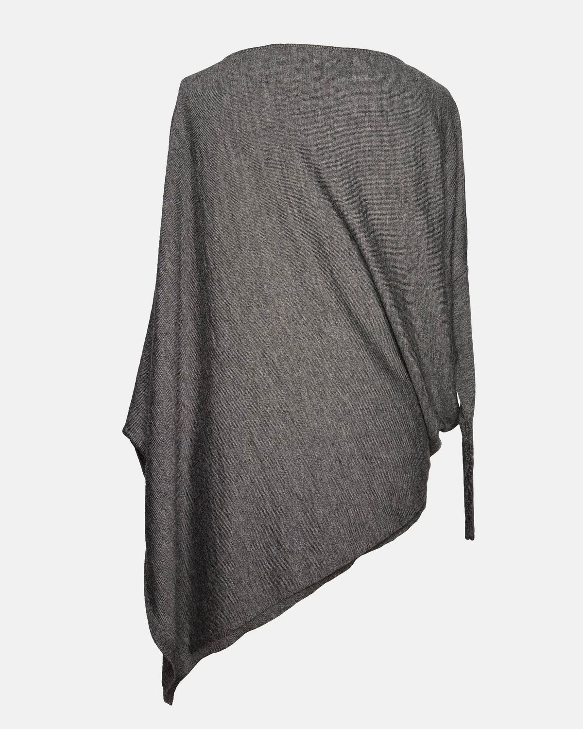Back view of grey drapey boatneck sweater.