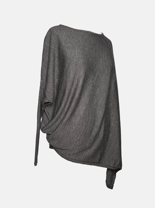 Front view of grey drapey boatneck sweater.