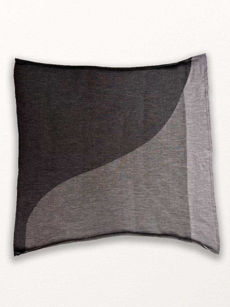 Modern Extrafine Italian Merino Wool scarf in black, charcoal, and grey with a curved line across diagonally and a vertical straight line on the right edge.