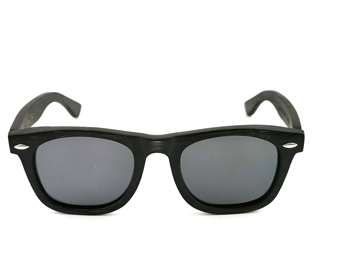 Bamboo wayfarer style sunglasses in black with black lenses.