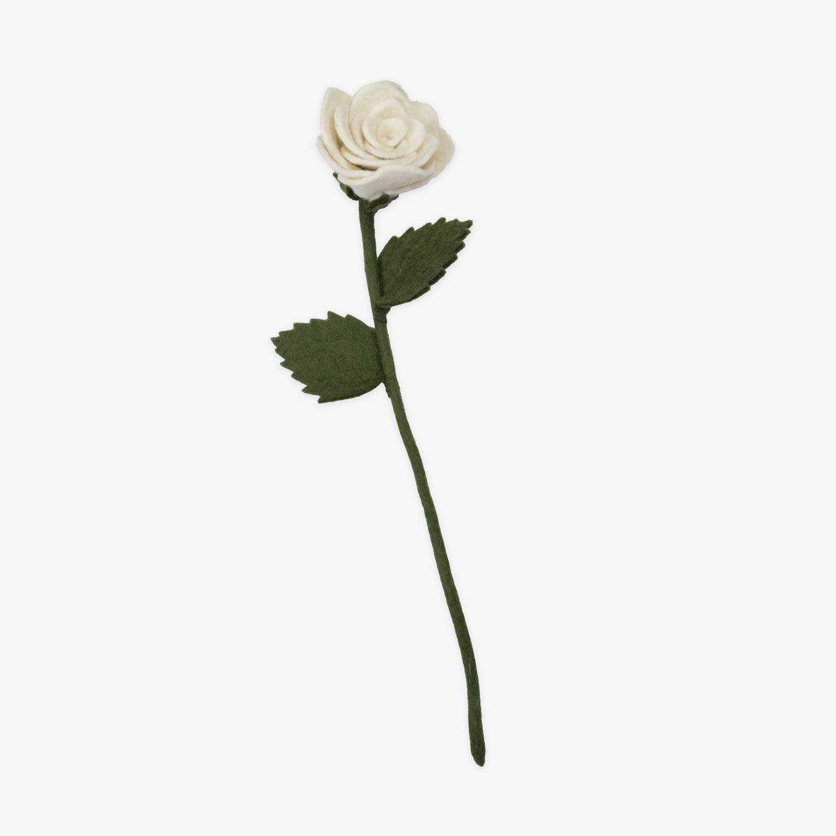 White handmade felt rose with green stem on a white background | Global Goods Partners