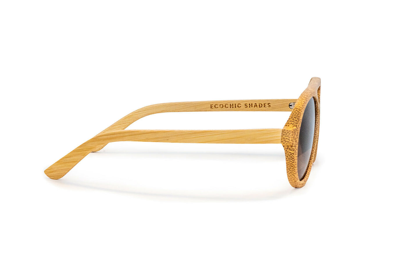 Side view of avion style natural colored bamboo sunglasses with rose gold mirrored lenses.