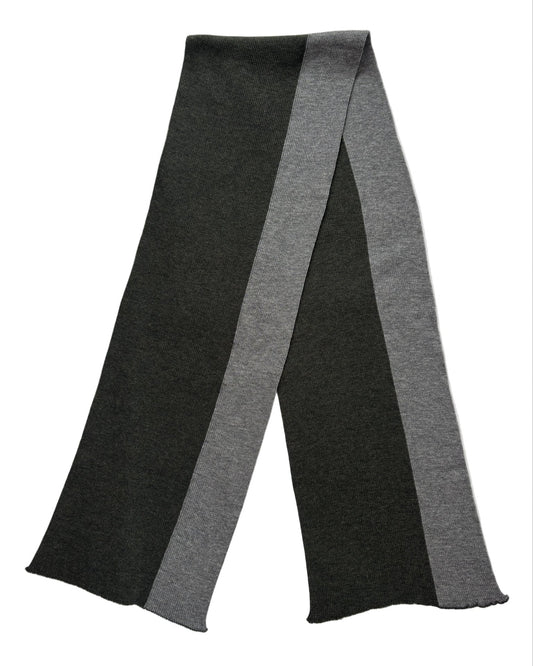 Flat lay of modern rib Merino wool striped scarf in moss and grey colors.