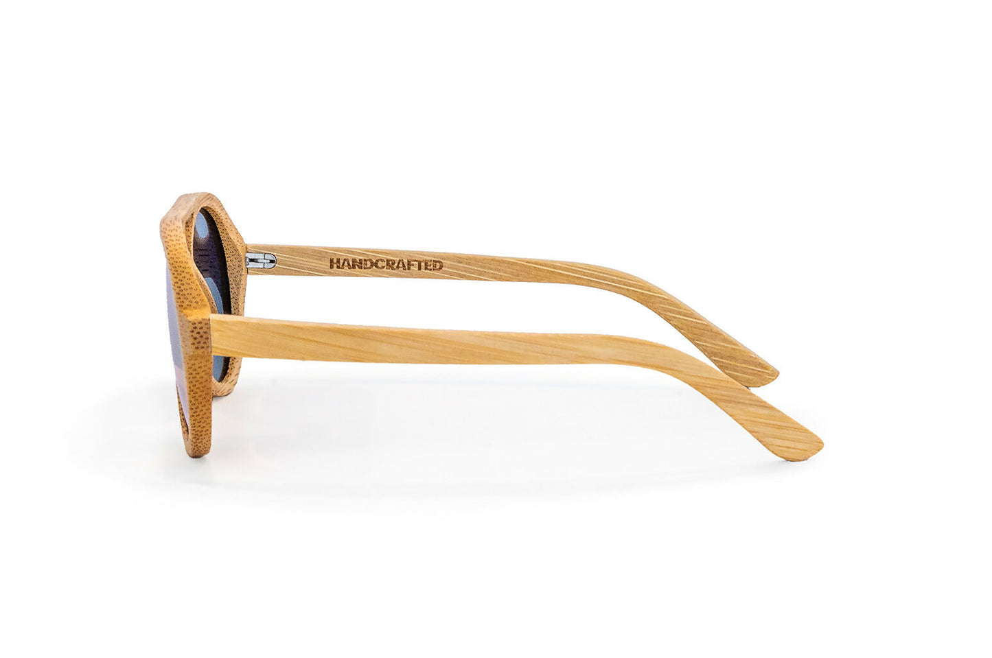 Side view of avion style natural colored bamboo sunglasses with amber lenses.