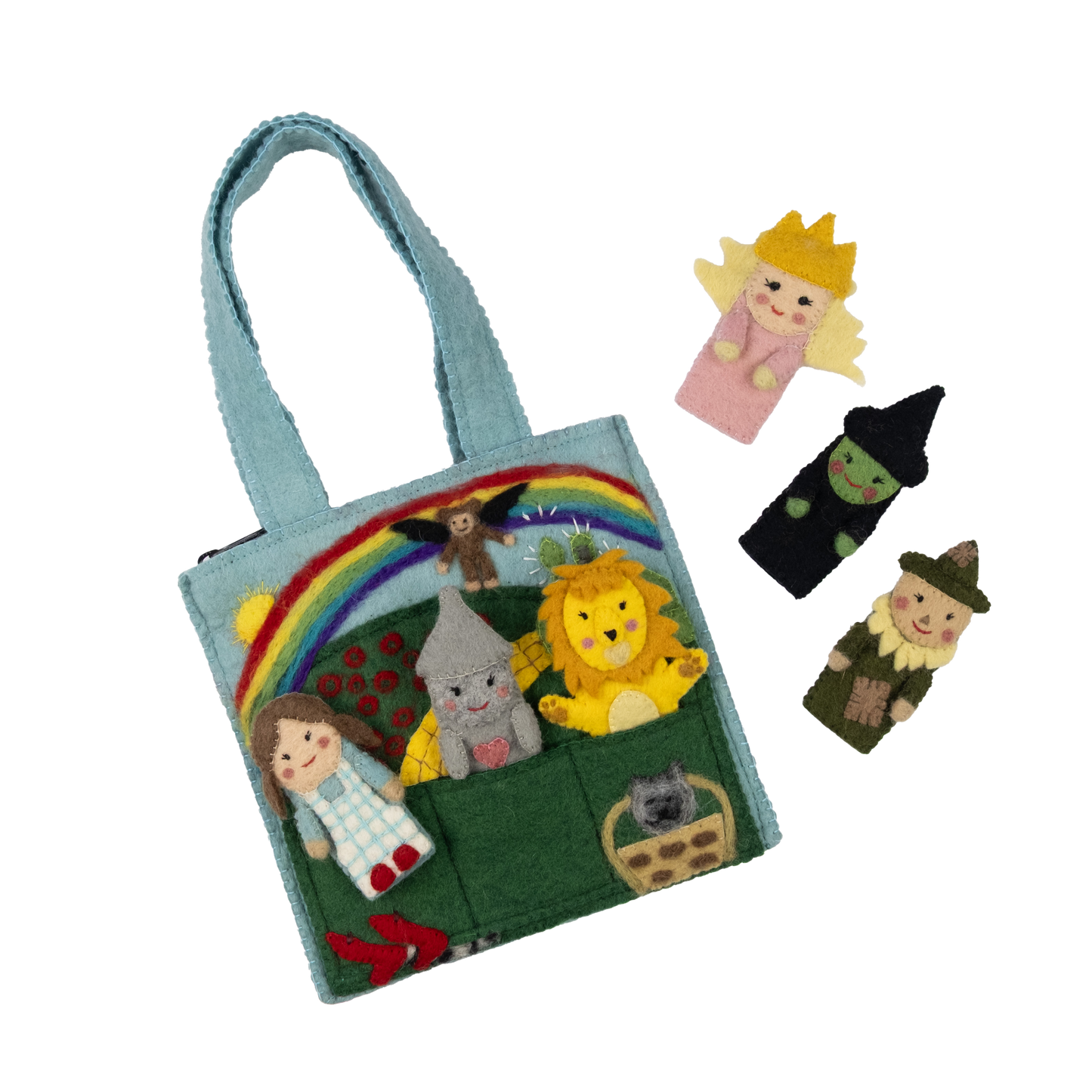 Felt puppet bag for kids with wizard of oz themed characters of Dorothy, the Tin Man, The Cowardly Lion, Glinda the Good Witch, The Wicked Witch of the West, and the Scarecrow.