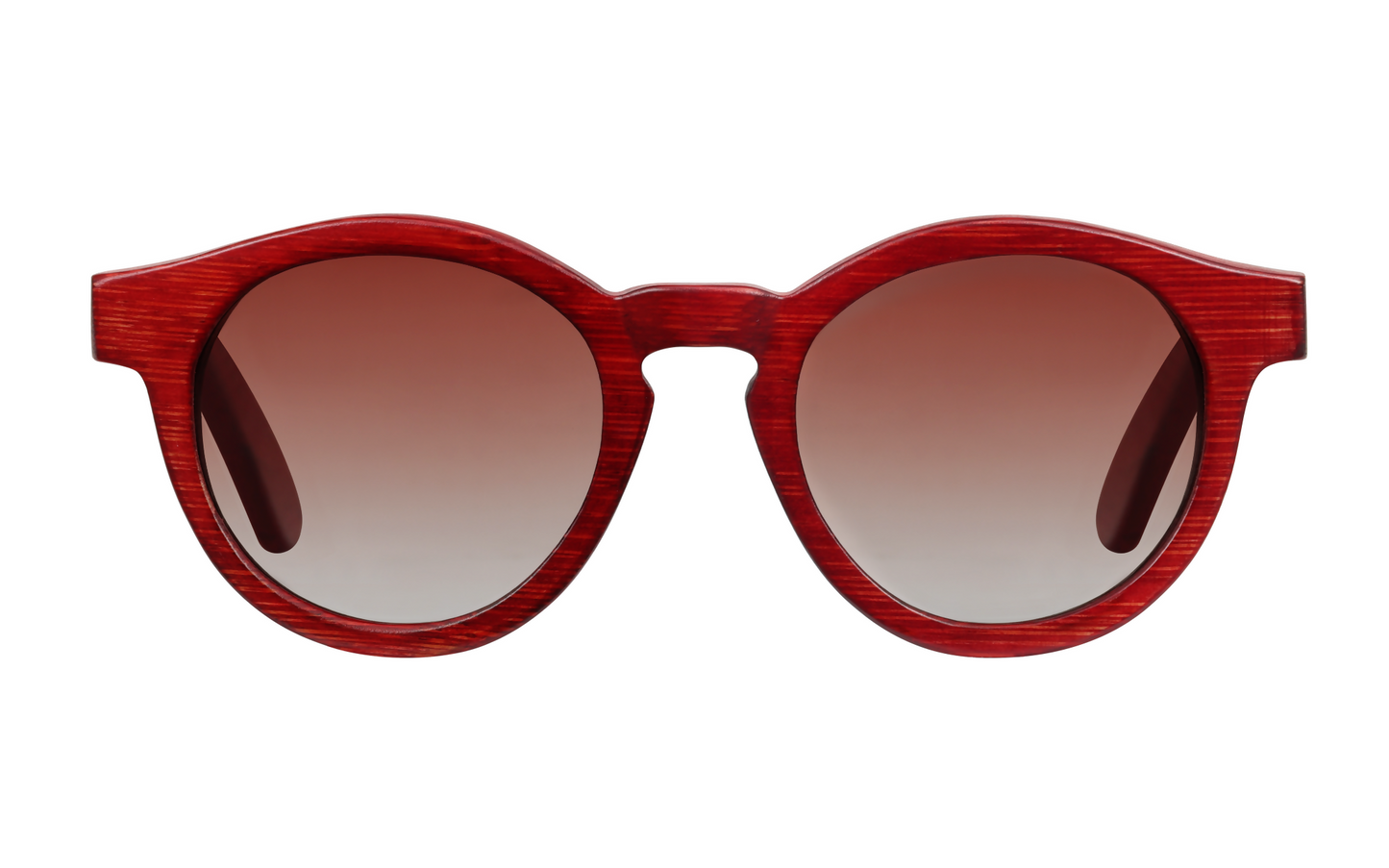 Front view of red natural bamboo sunglasses with gradient circular tinted lenses.