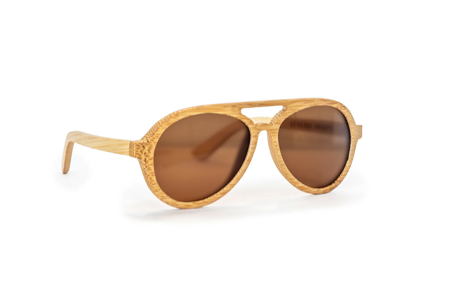 Diagonal view of avion style natural colored bamboo sunglasses with amber lenses.