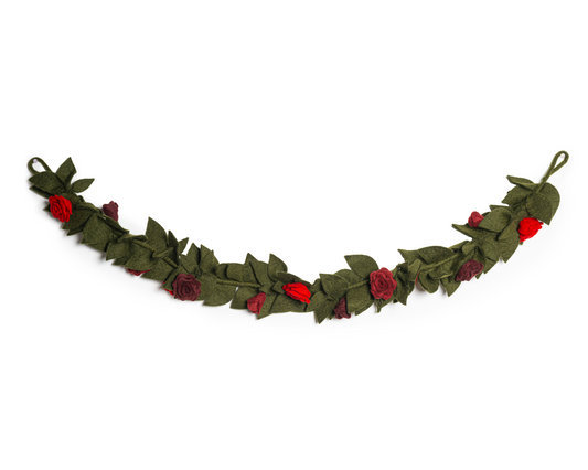 Hanging felted garland of red roses and green leaves.