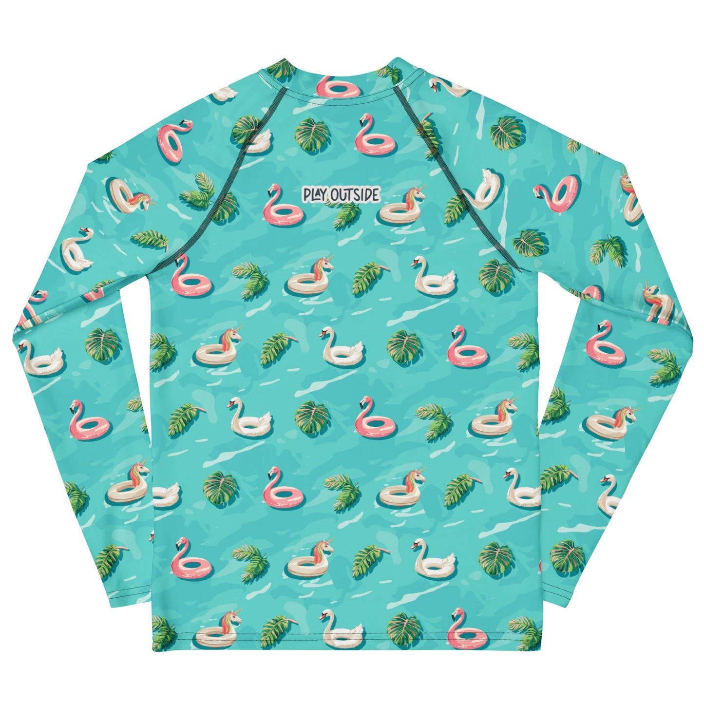 Aqua blue rash guard with images of pink floaty toy unicorns, swans, and Flamingos and green tropical leaves.