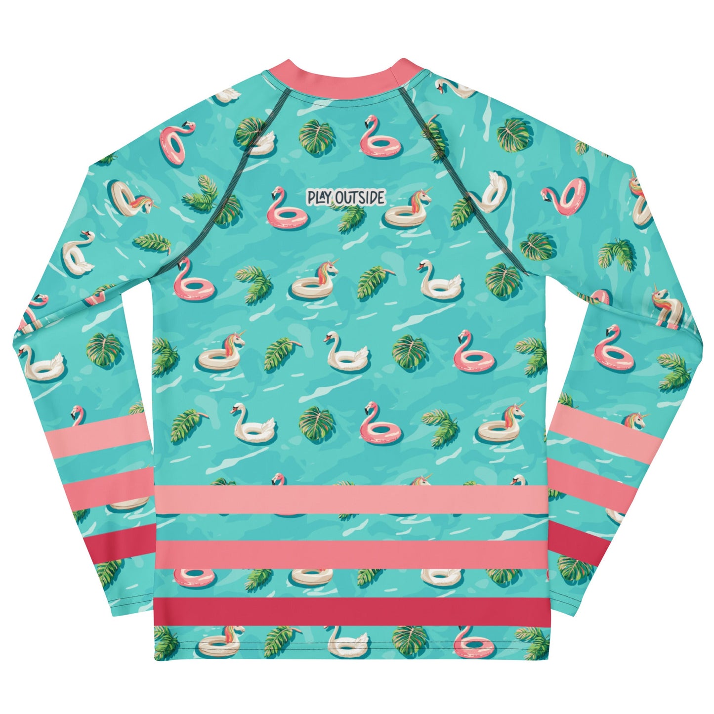 Aqua blue rash guard with pink neckline and pink stripes on the lower half and images of pink floaty toy unicorns, swans, and flamingos and green tropical leaves.