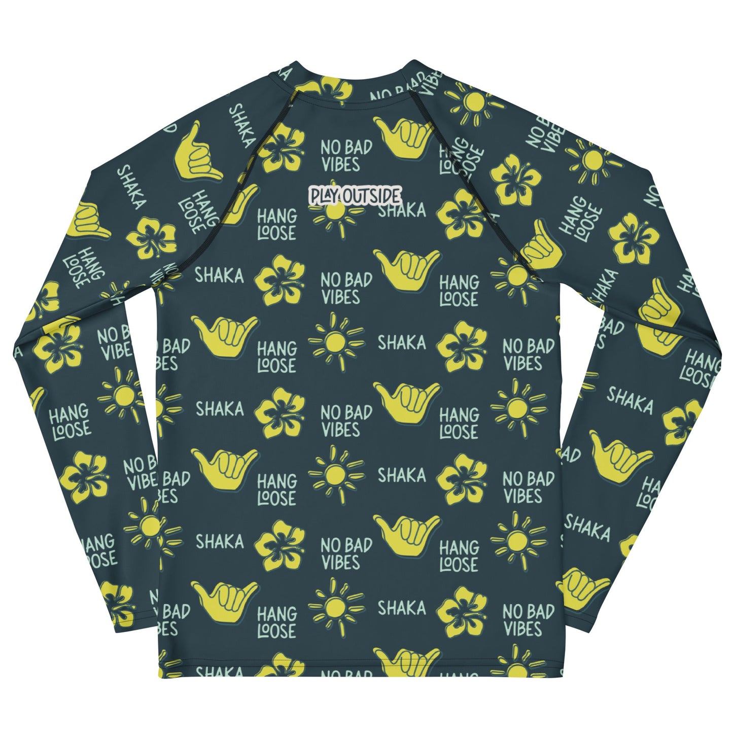 Dark blue rash guard with yellow designs of the sun, hibiscus flowers, hang loose hand sign, and the words hang loose, no bad vibes, and shaka.