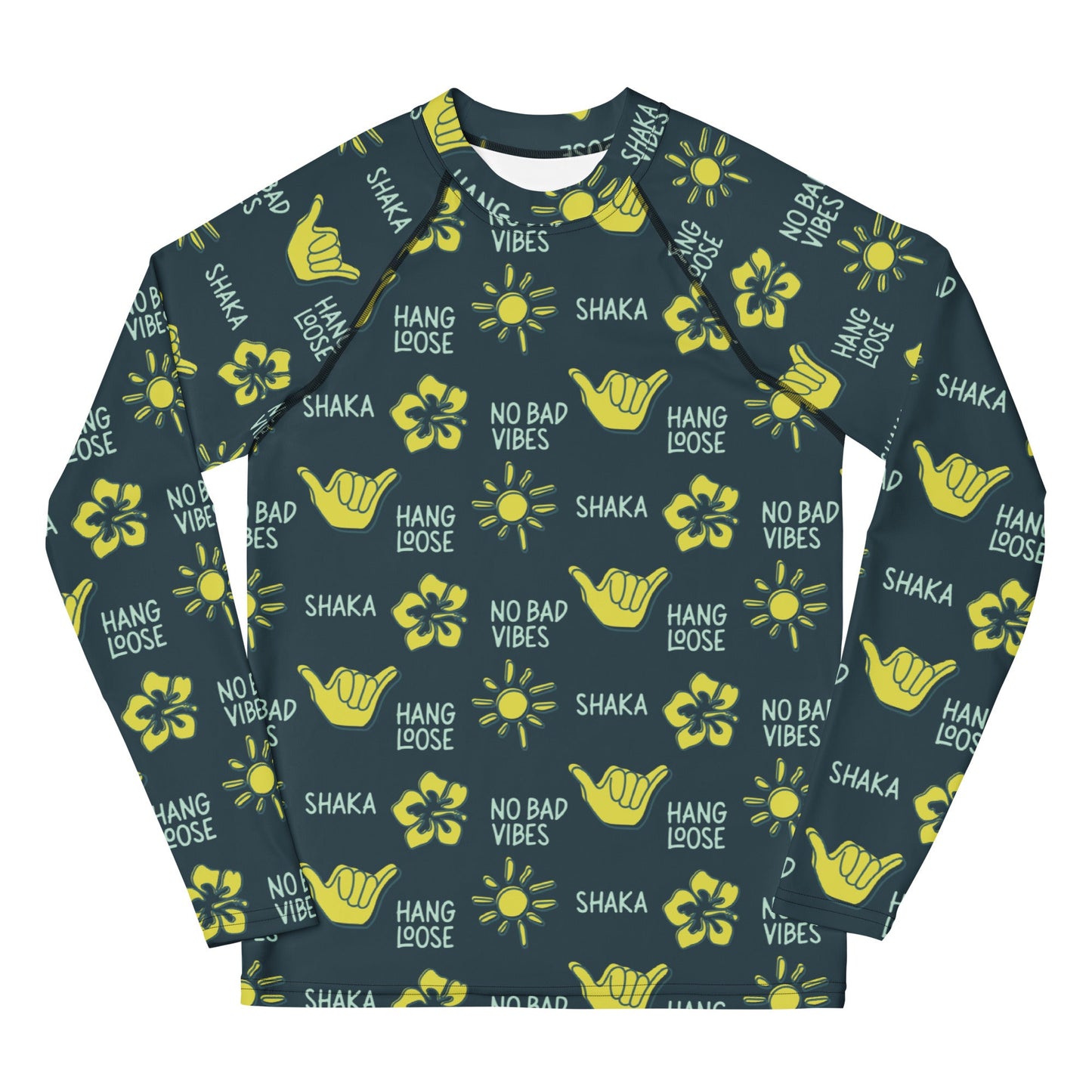 Dark blue rash guard with yellow designs of the sun, hibiscus flowers, hang loose hand sign, and the words hang loose, no bad vibes, and shaka.