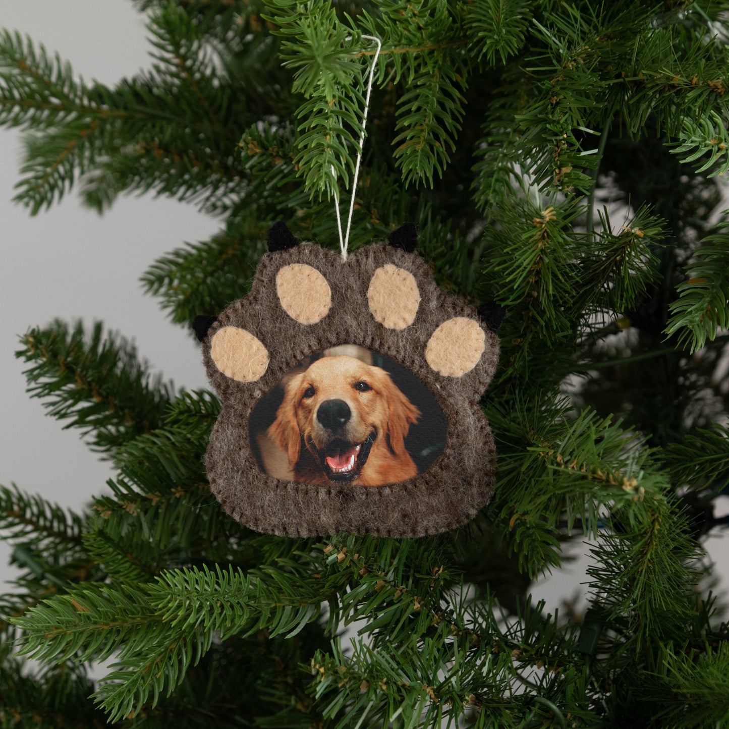 Felt ornament of brown paw print with a frame in the middle with a picture of a golden retriever dog in it.