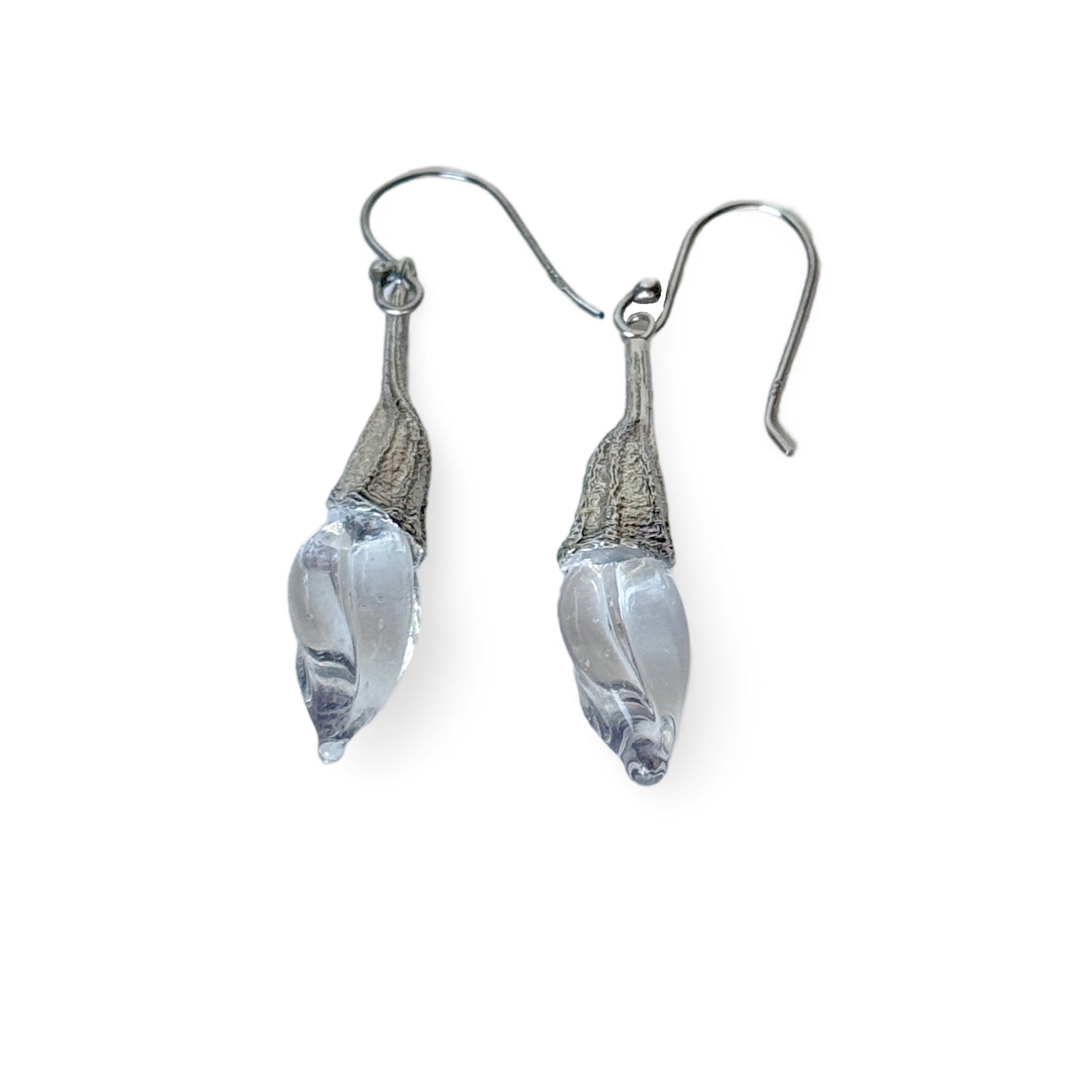 Pair of clear twisted glass bud earrings with silver findings.