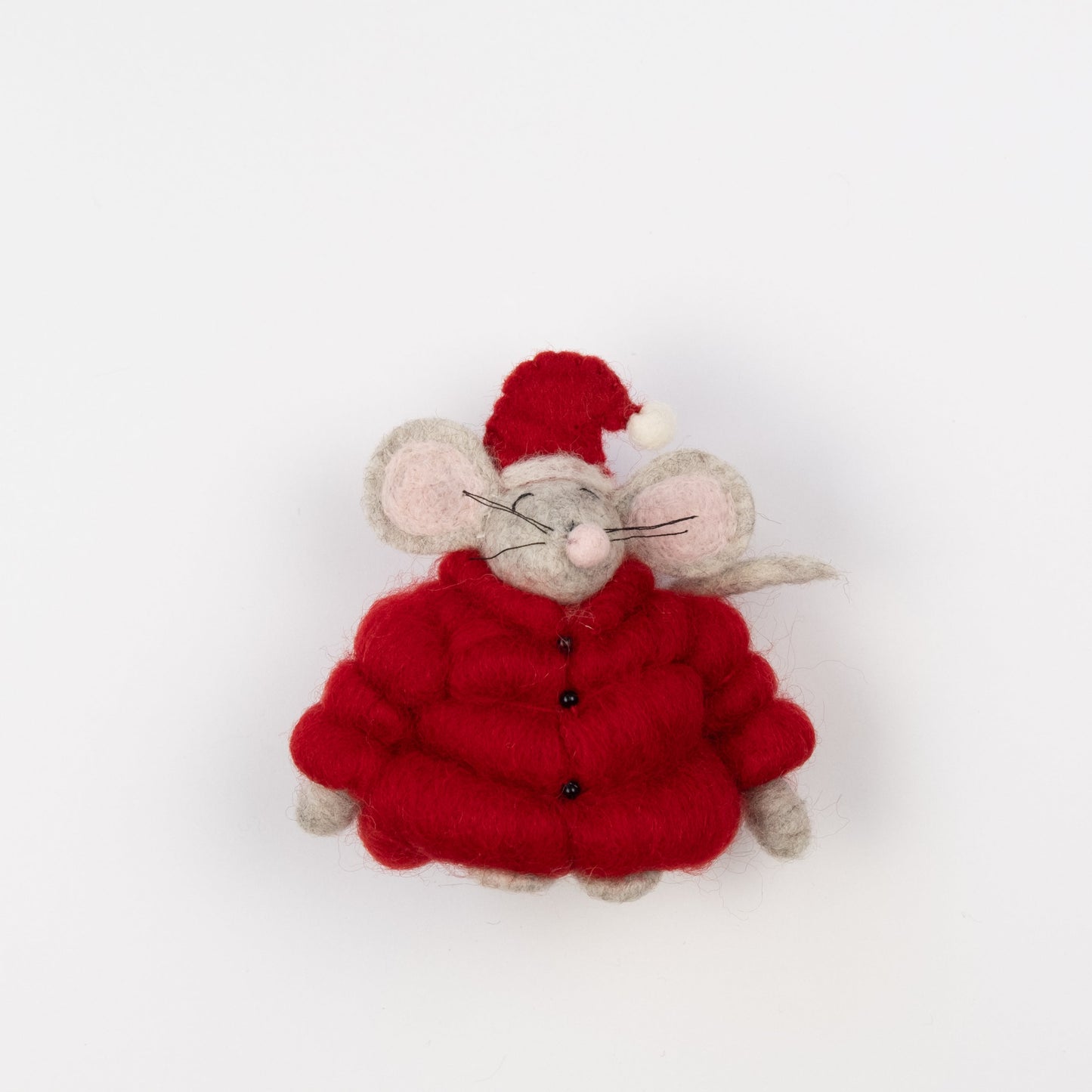 Felt ornament of a mouse in red puffer jacket and Santa hat.