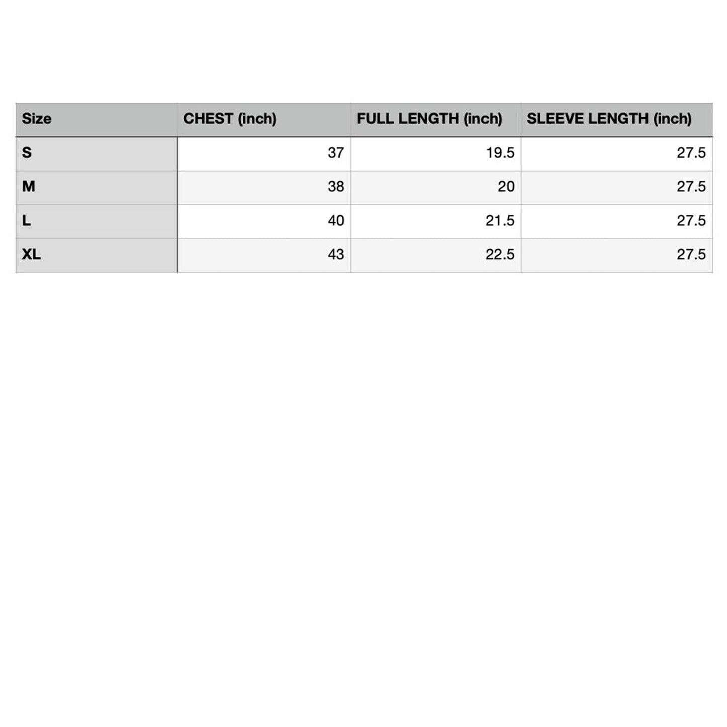 Size chart for brown woven long sleeve shirt, sizes small to extra large, showing chest, full length, and sleeve length in inches. In Chest, full length and sleeve length order, small is 37, 19.5, and 27.5 inches. Medium is 38, 20, and 27.5 inches. Large is 40, 21.5, and 27.7 inches. Extra large is 43, 22.5 and 27.5 inches.
