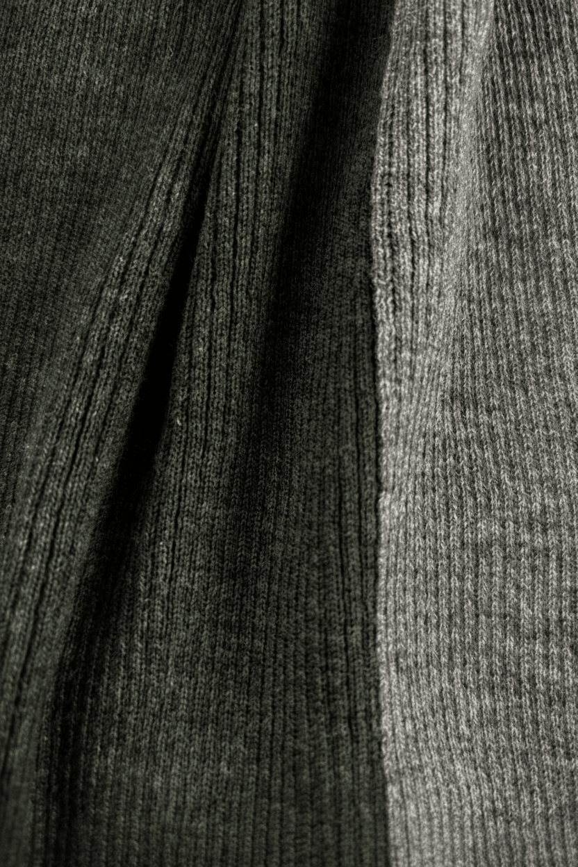 Close up of modern rib Merino wool striped scarf in moss and grey colors.
