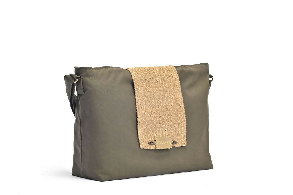 Front side view of olive green bag with sisal details.