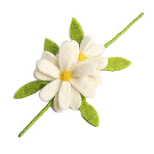 Two white daisies with green leaves and yellow centers felt gift topper.