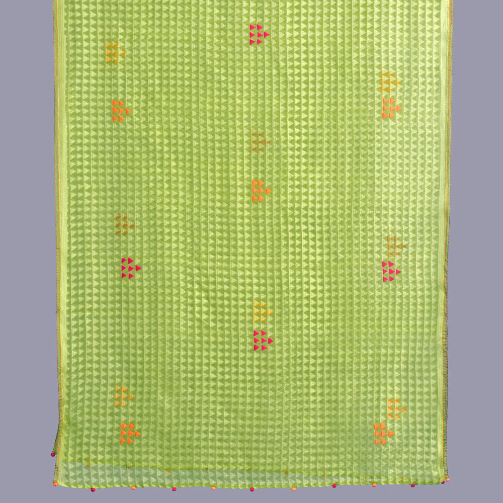Closeup of green shoulder wrap with red, orange design.