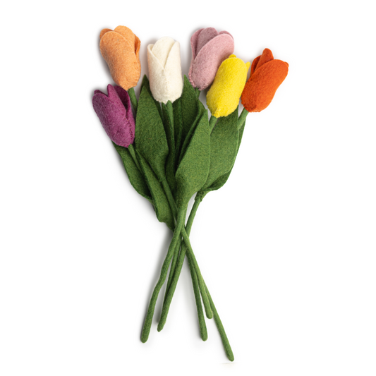 Bunch of felt tulips in bright pink, peach, light pink, yellow and orange colors.