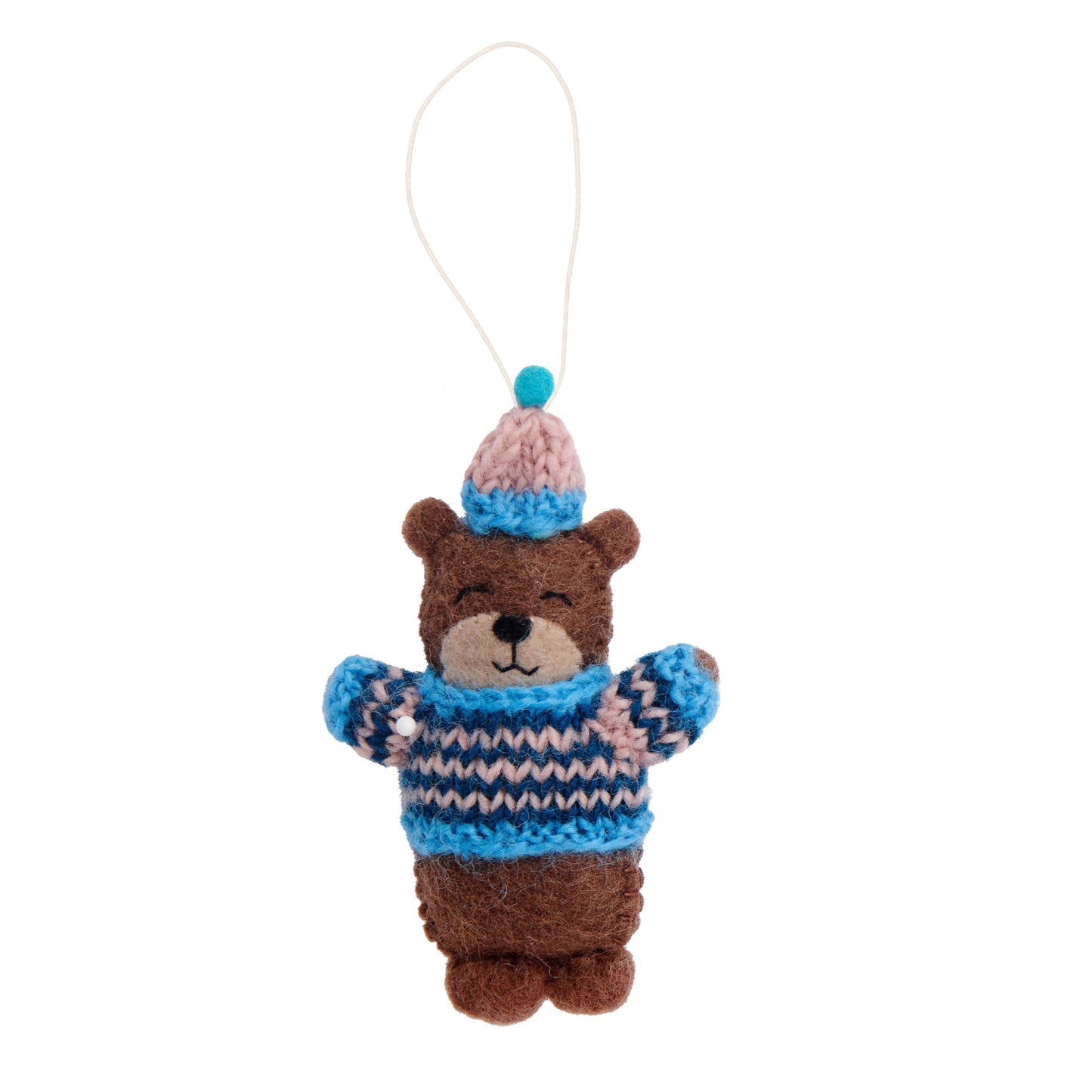 Felt ornament of a bear in a blue and pink striped knitted sweater and hat.