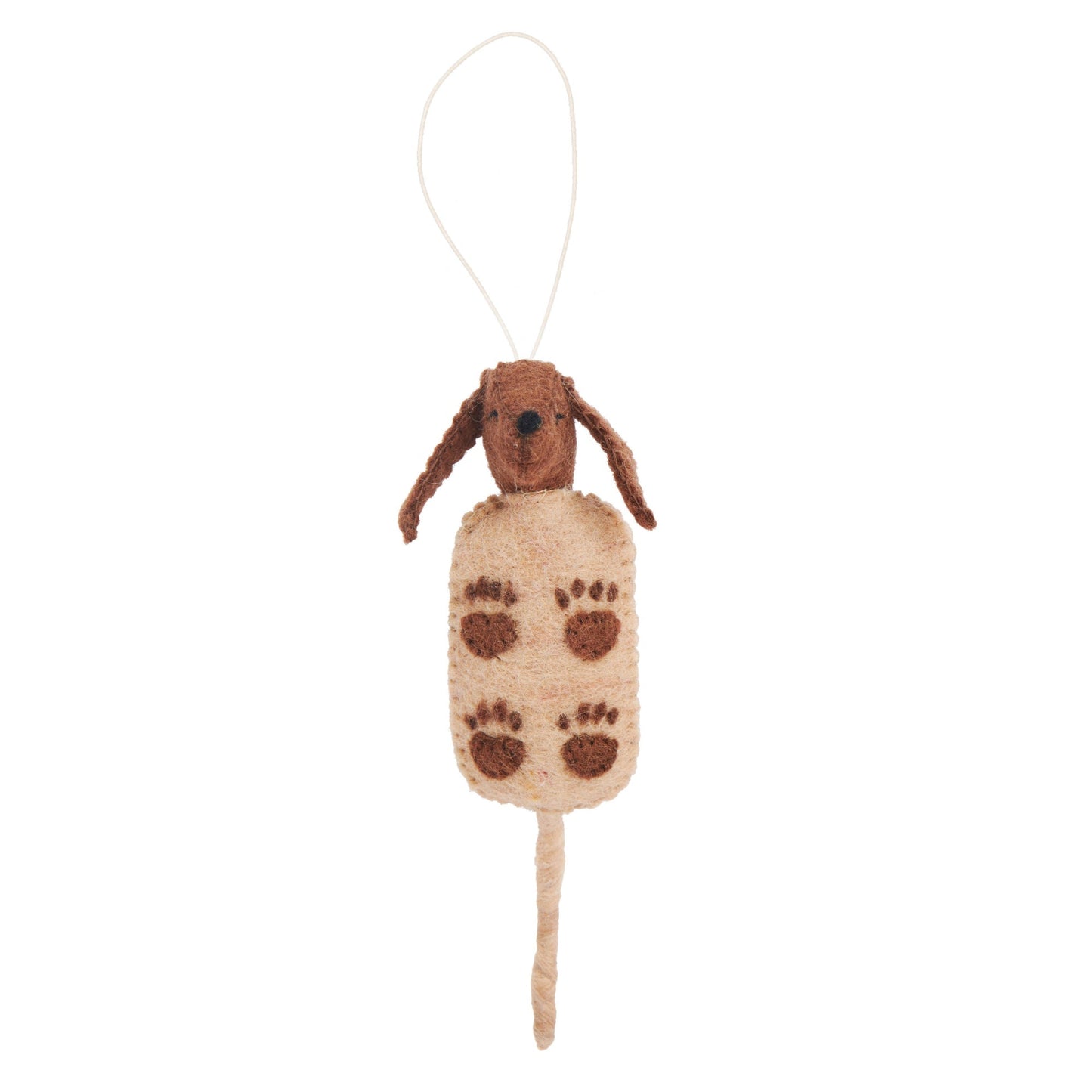 Felt ornament of a brown dog in a light brown corn dog on a stick with dark brown pawprints on it.