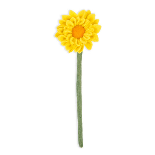 Yellow felt dahlia flower with orange center.