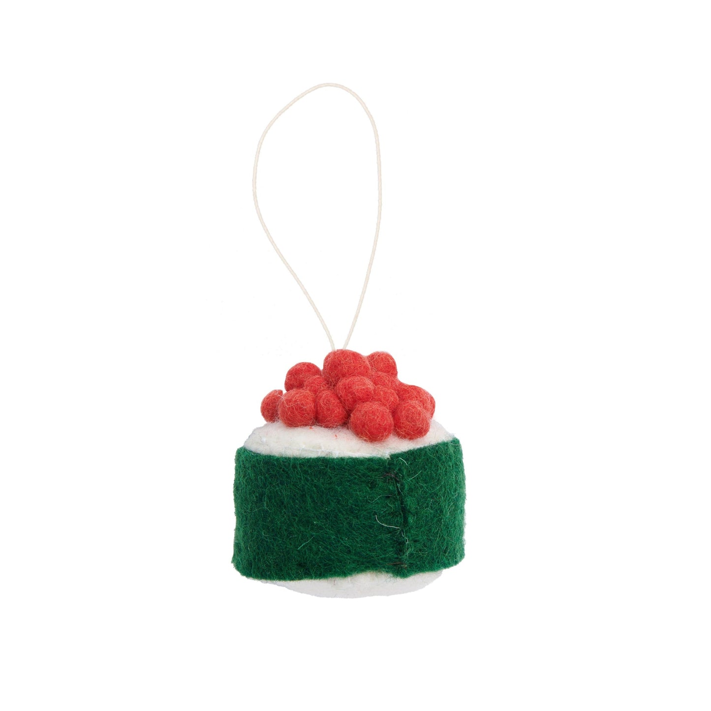 Felt ornament of sushi with salmon roe on top.