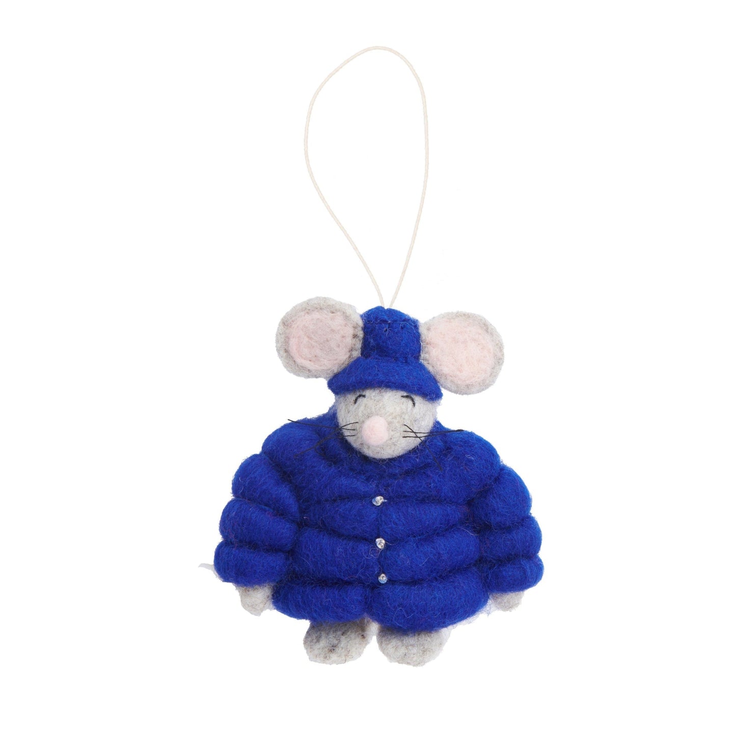 Felt ornament of mouse in dark blue puffer jacket and matching hat.