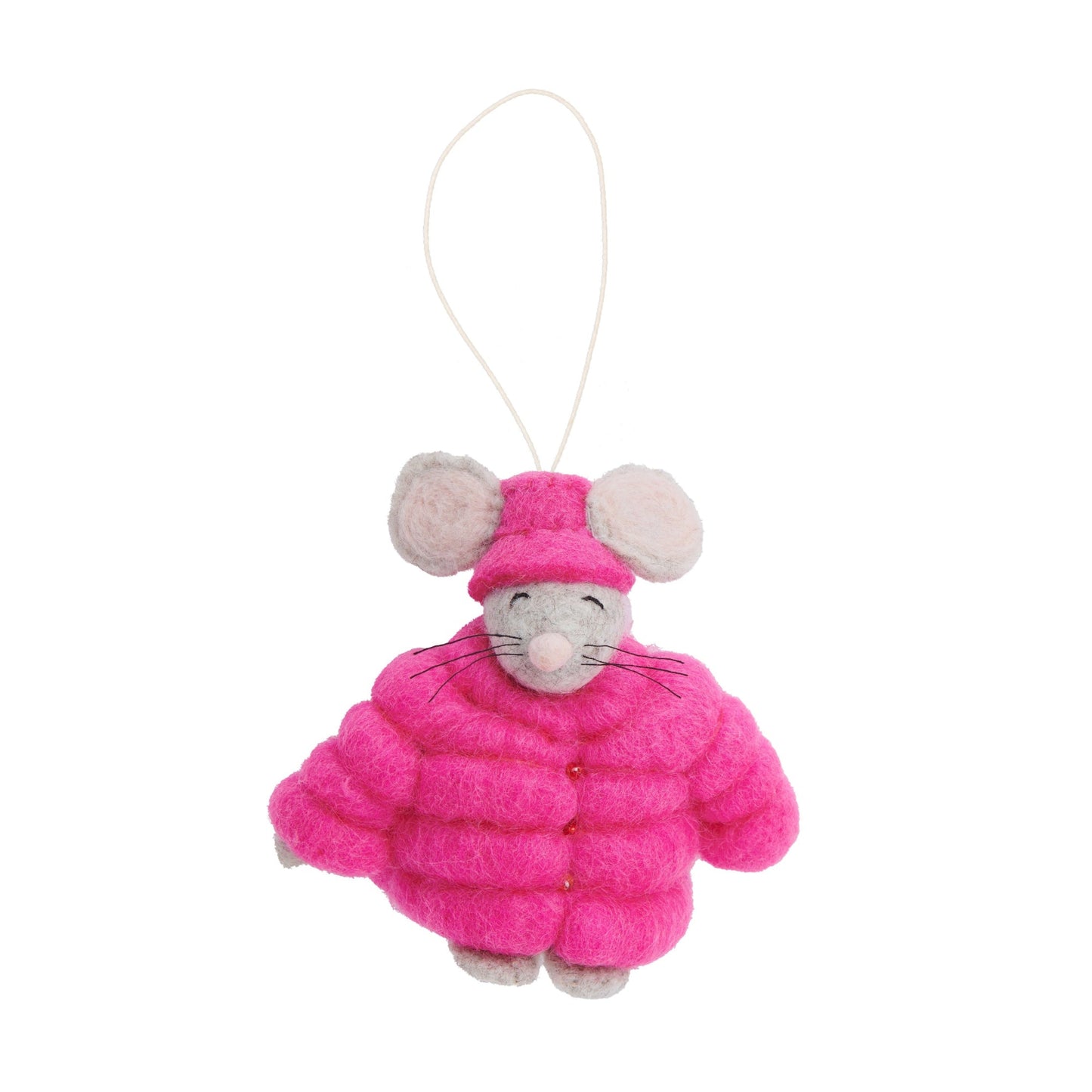Felt ornament of mouse in bright pink puffer jacket and matching hat.