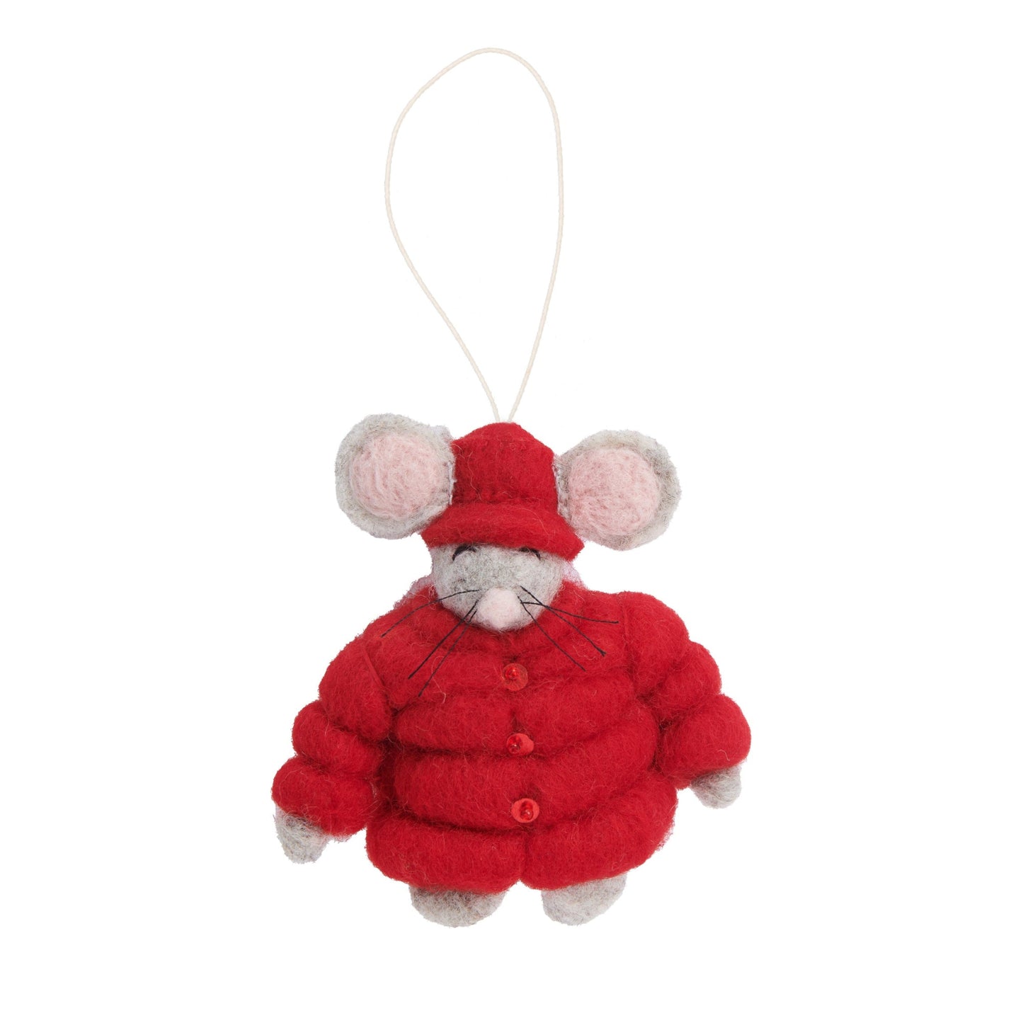 Felt ornament of mouse in red puffer jacket and matching hat.
