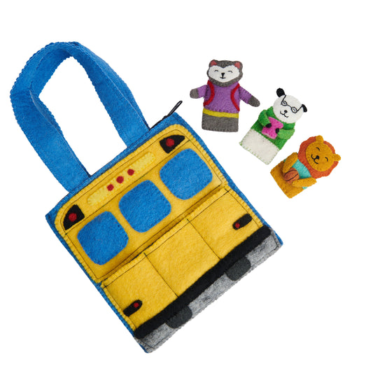 Felt puppet bag features three removable finger puppets of a fox, lion and panda on a classic yellow school bus, waving to us from the back seat.